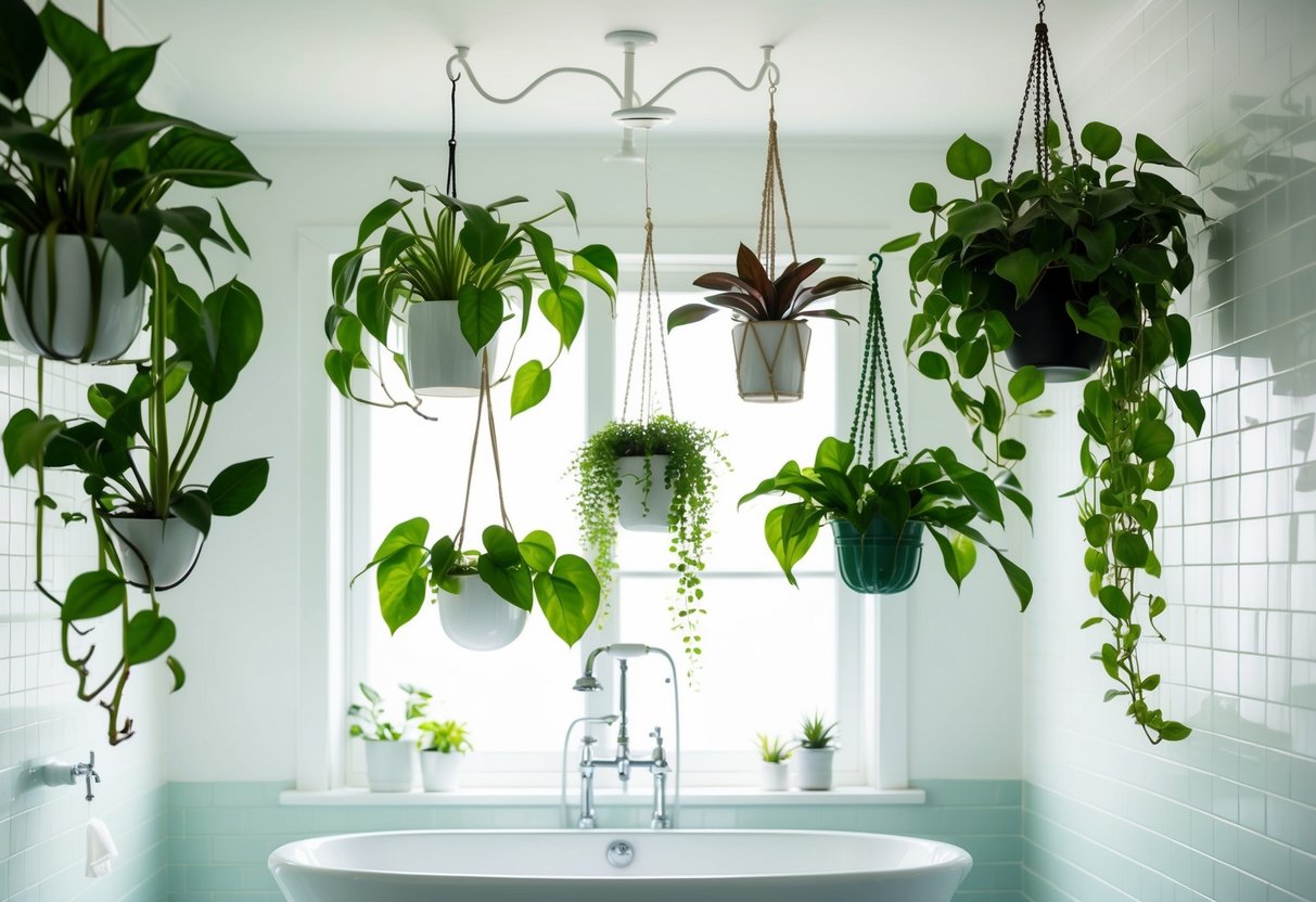 Seven lush hanging plants in a bright, airy bathroom, each suspended from a different type of hook or hanger. The plants vary in size, shape, and leaf color, creating a beautiful and serene display