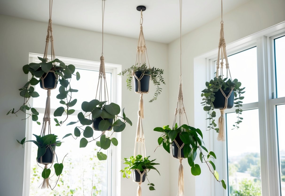 Seven eucalyptus plants hang from the ceiling in a bright, airy bathroom, each suspended by a macrame hanger. Sunlight streams in through the window, casting a soft glow on the lush green leaves