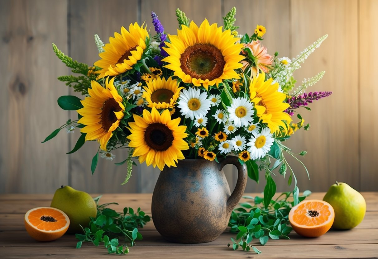 A colorful bouquet of sunflowers, daisies, and wildflowers in a rustic vase, surrounded by fresh fruit and greenery on a wooden table
