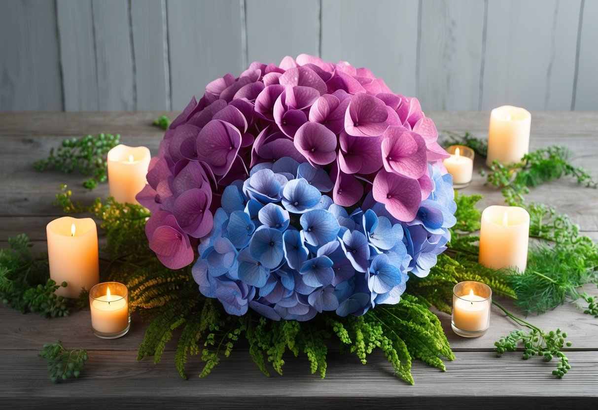 A vibrant hydrangea centerpiece sits on a rustic wooden table, surrounded by flickering candles and scattered greenery, creating a serene summer ambiance