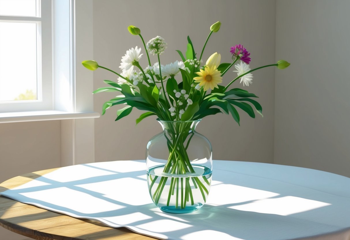 A simple arrangement of fresh flowers in a clear glass vase, set on a wooden table with a white tablecloth. Sunlight streams in through a nearby window, casting soft shadows on the surface