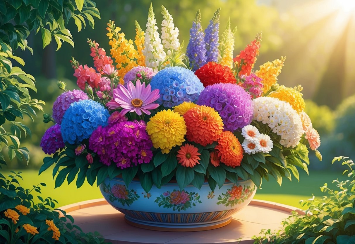 A colorful array of blooming flowers arranged in a decorative pot, surrounded by lush greenery and bathed in warm sunlight