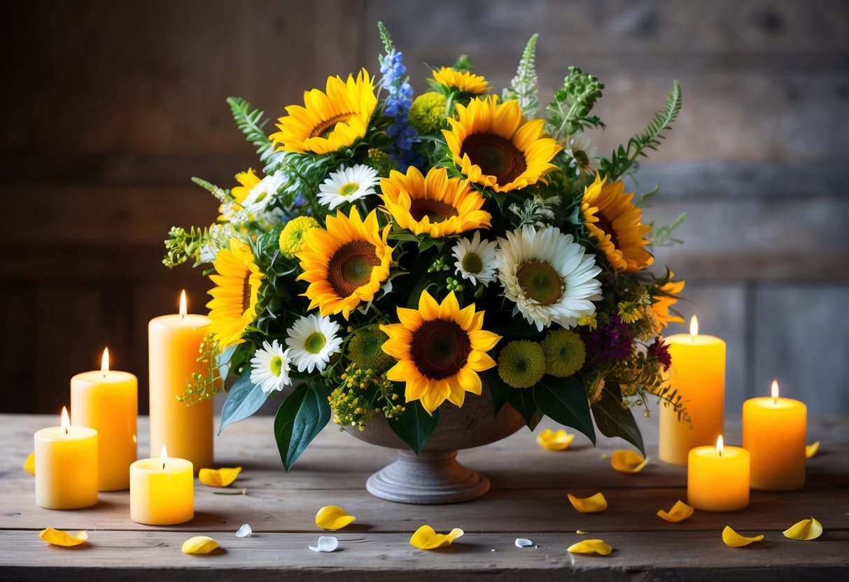 A tall, vibrant centerpiece of sunflowers, daisies, and greenery sits on a rustic wooden table, surrounded by flickering candles and scattered petals