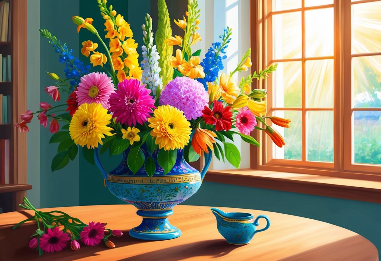 A vibrant array of flowers in a decorative vase, set on a table with sunlight streaming in through a window