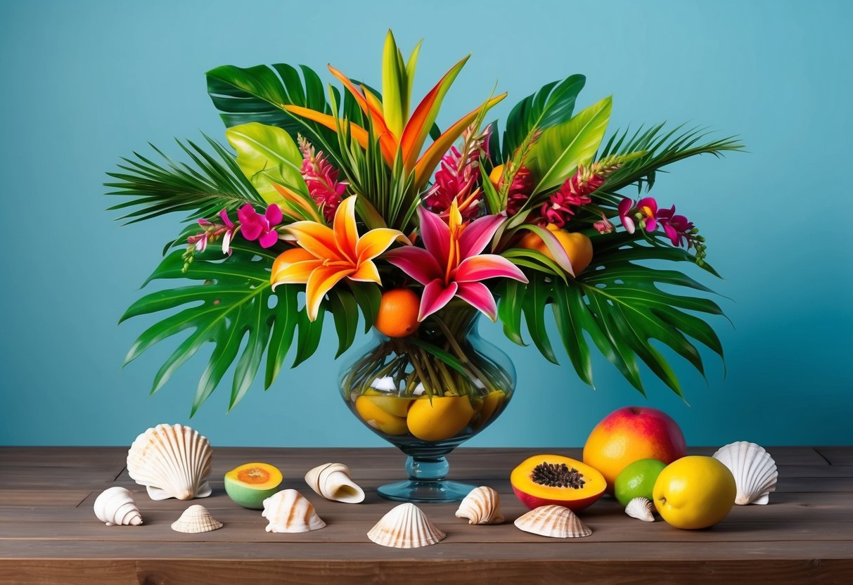 A vibrant arrangement of tropical flowers and foliage in a glass vase, surrounded by colorful fruit and seashells on a wooden table