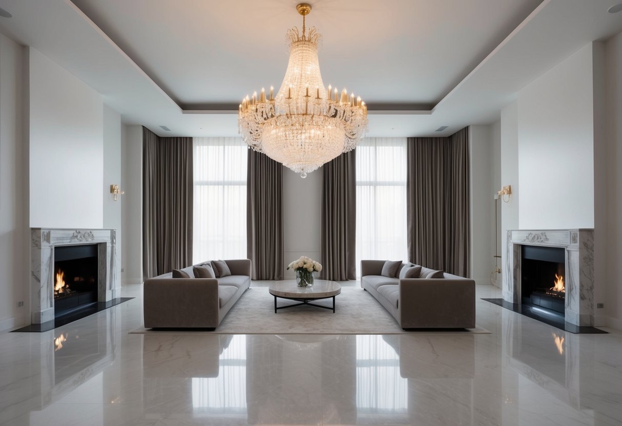 A grand chandelier illuminates a spacious, minimalist living room with high ceilings, luxurious velvet curtains, and a marble fireplace