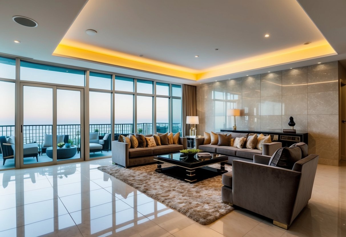 A spacious living room with large, luxurious tiles replacing the small ones, creating an upscale and elegant atmosphere