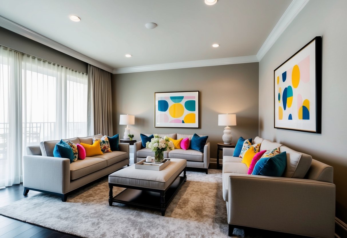 A luxurious living room with neutral tones and pops of color in the form of vibrant throw pillows and artwork on the walls