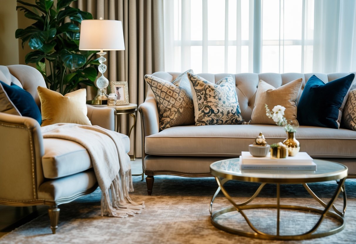 A luxurious couch with decorative throw pillows, a soft throw blanket, and a stylish coffee table with elegant decor