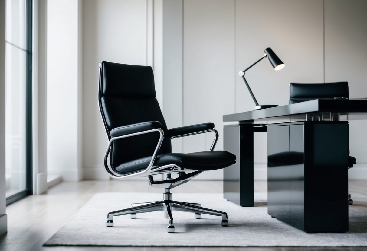 A sleek, modern chair sits in front of a stylish desk in a well-lit, minimalist home office. The chair's clean lines and luxurious materials give the room an expensive, sophisticated vibe