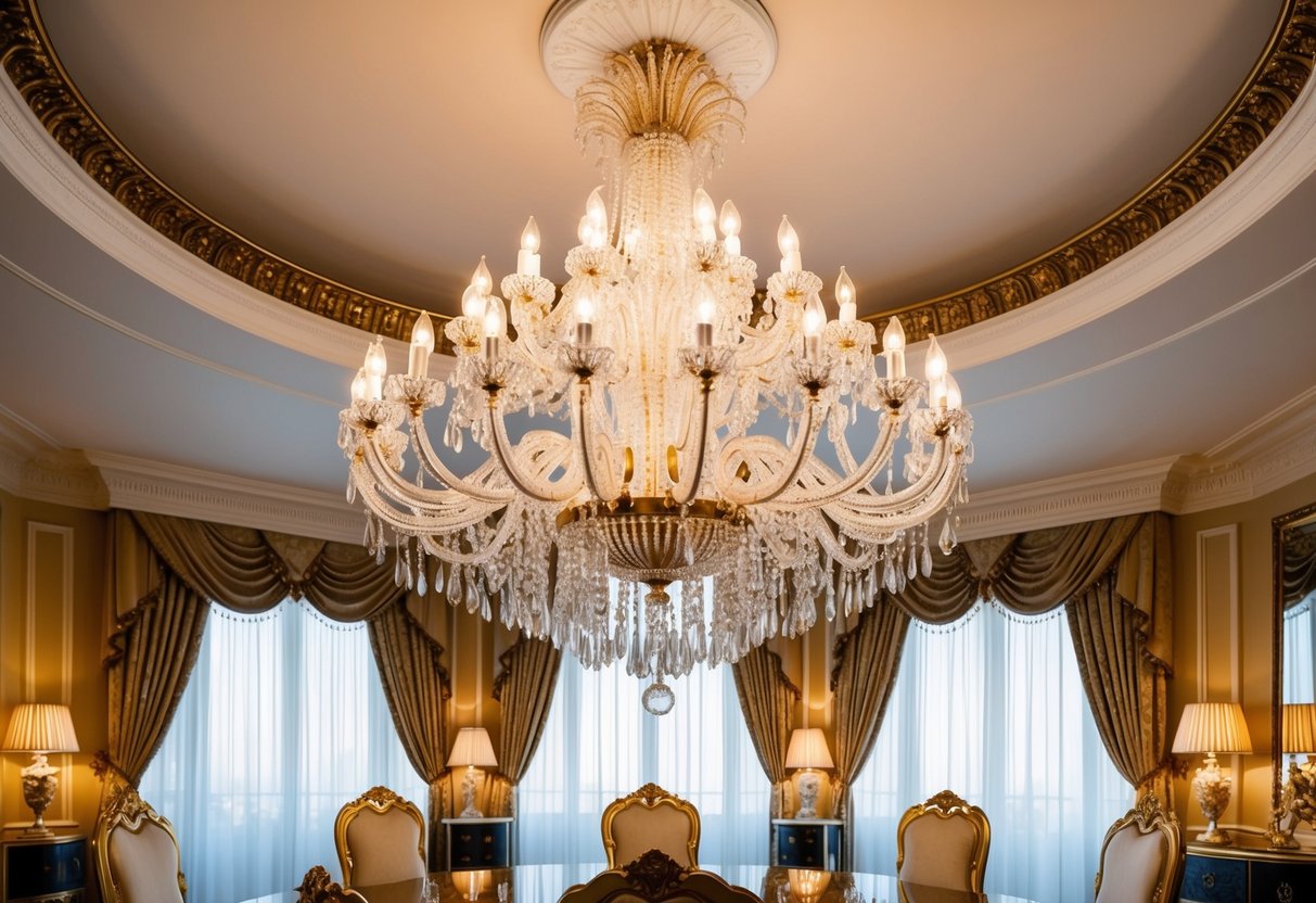A grand chandelier hangs from a high ceiling, casting a warm glow over an opulent dining room with luxurious furnishings and elegant decor