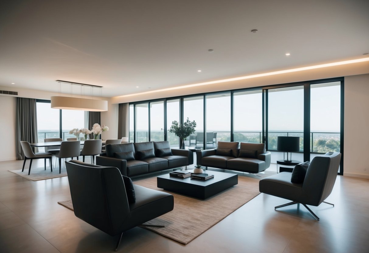 A sleek, modern living room with high-end furniture and minimalist decor. No plastic accessories in sight