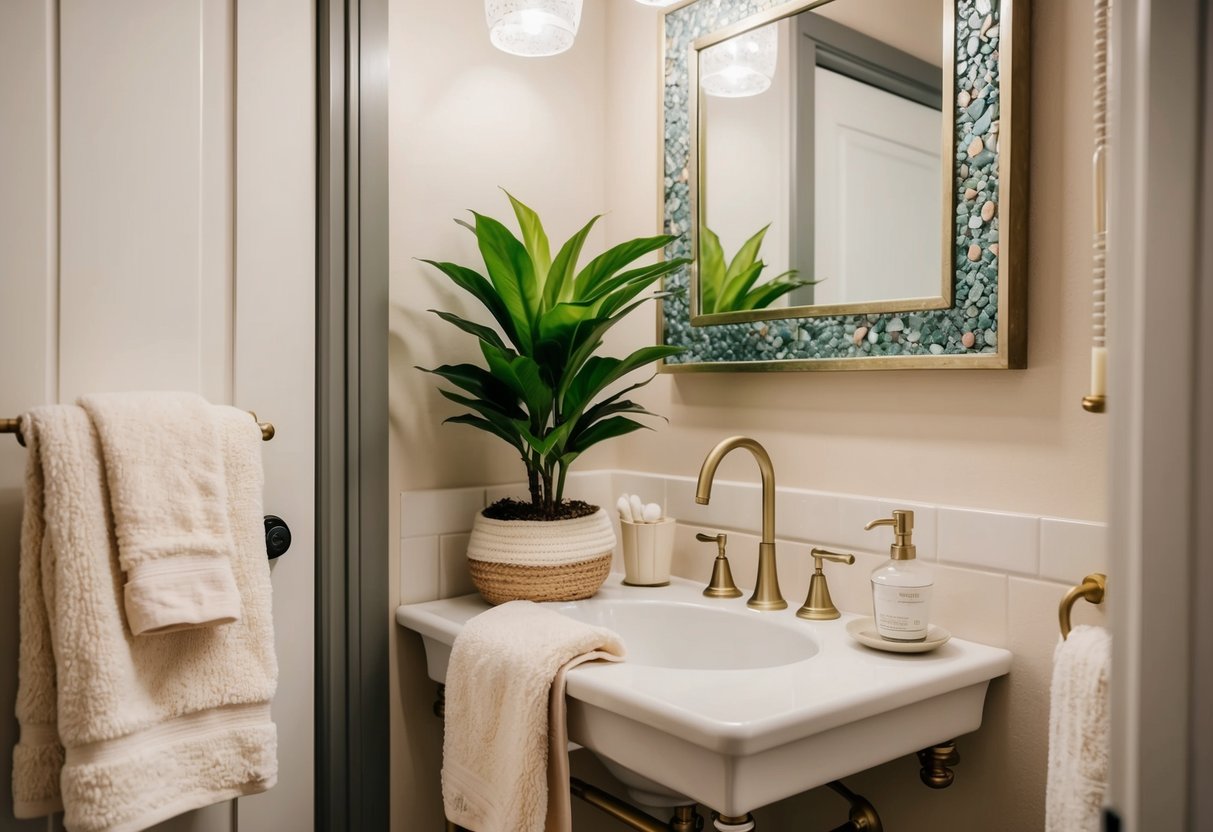 A cozy small bathroom with a potted plant, fluffy towels, and a decorative mirror above the sink