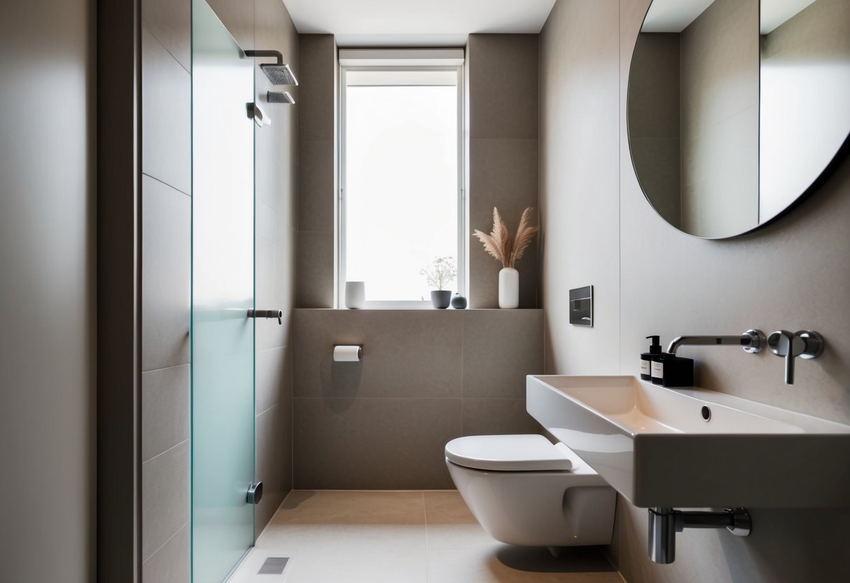 A small bathroom with modern, clean lines. Minimalist decor, neutral colors, and sleek fixtures