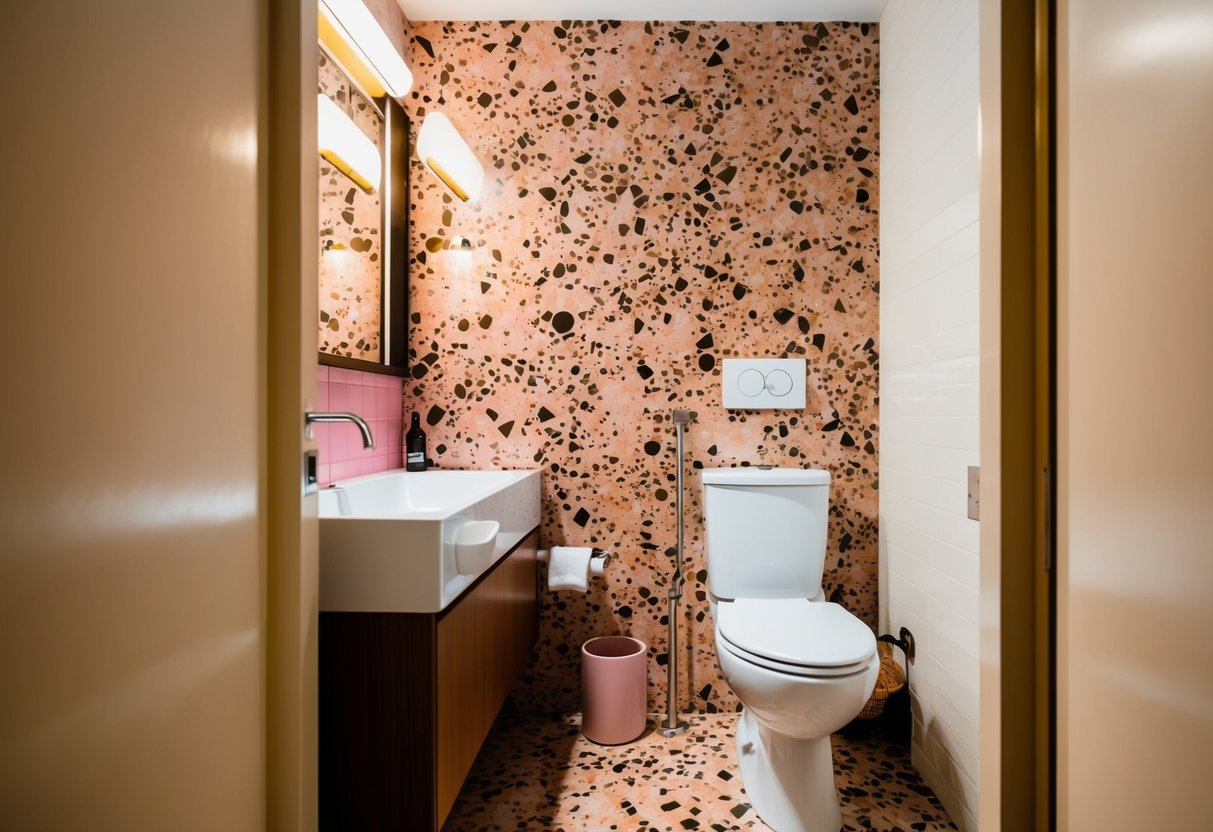 Neapolitan terrazzo tiles in a small bathroom, featuring a mix of pink, brown, and cream colors, creating a stand-out and vibrant decor