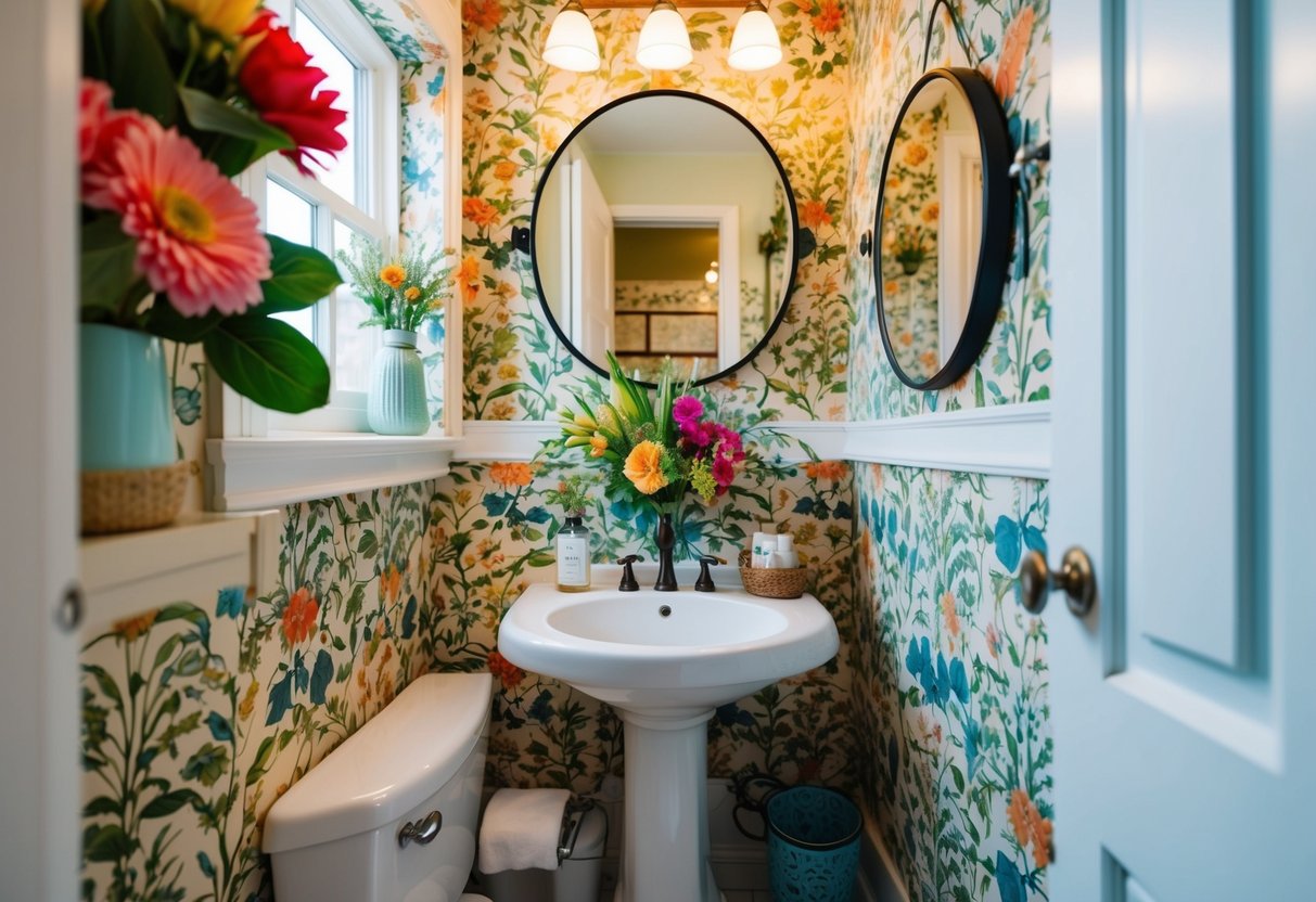 A small bathroom adorned with vibrant floral decor, including a bouquet of fresh flowers, patterned wallpaper, and botanical-themed accessories