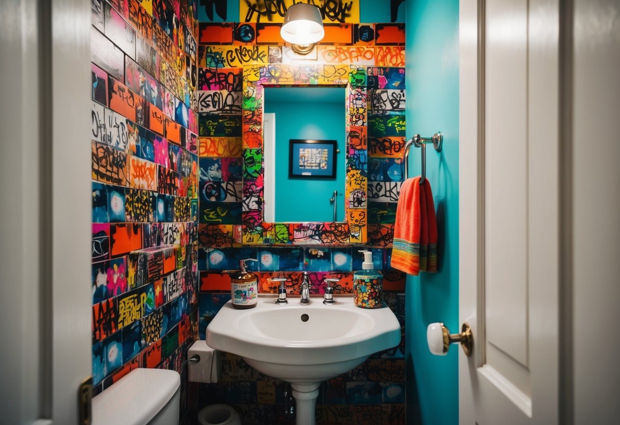 A small bathroom with a graffiti-adorned mirror, colorful and eclectic decor
