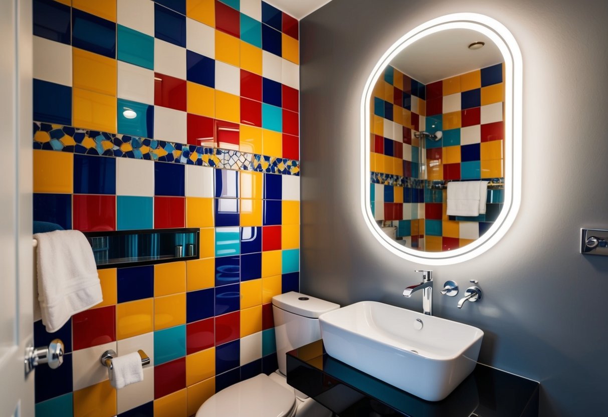 A small bathroom with bold and bespoke decor, featuring vibrant tiles, a modern sink, and a statement mirror