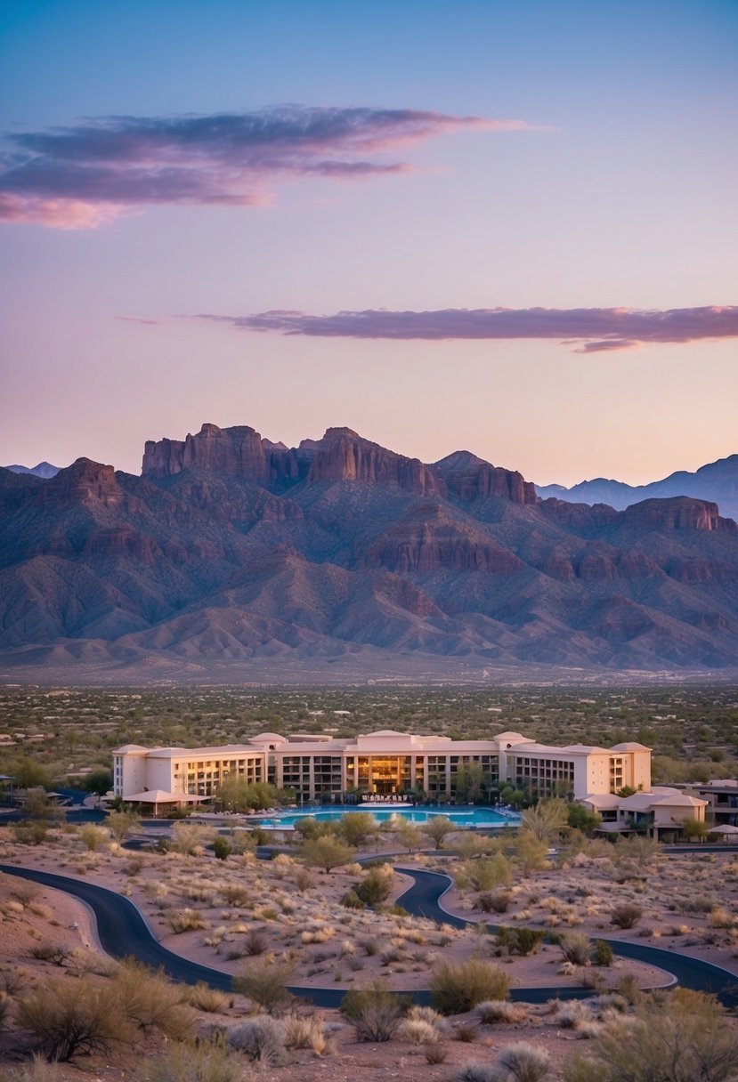 A sprawling desert landscape with a luxurious resort nestled among the rugged mountains of Marana, Arizona