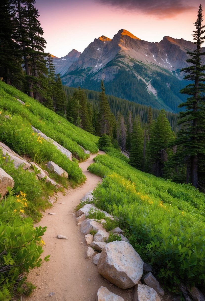 A winding trail through lush forests and rocky terrain, leading to a breathtaking mountain vista in Rocky Mountain National Park