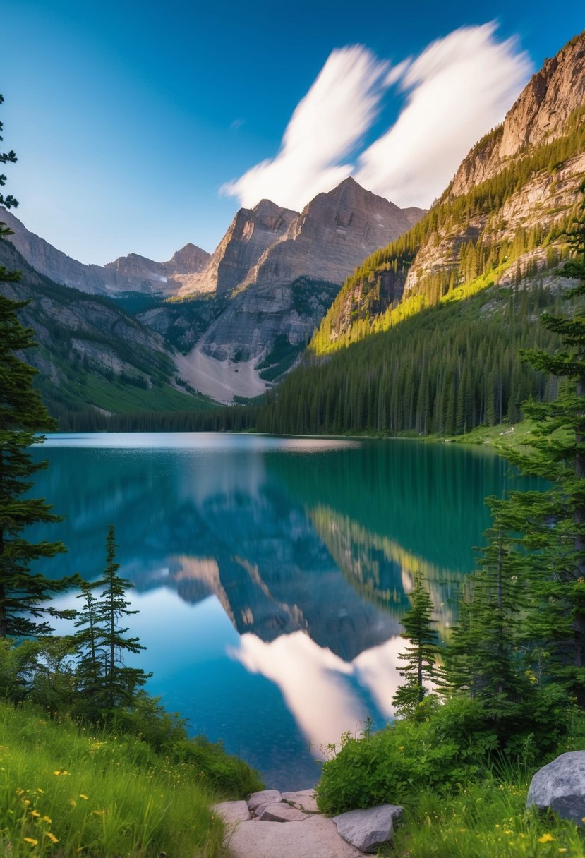 A serene lake surrounded by lush greenery and towering mountains in Rocky Mountain National Park