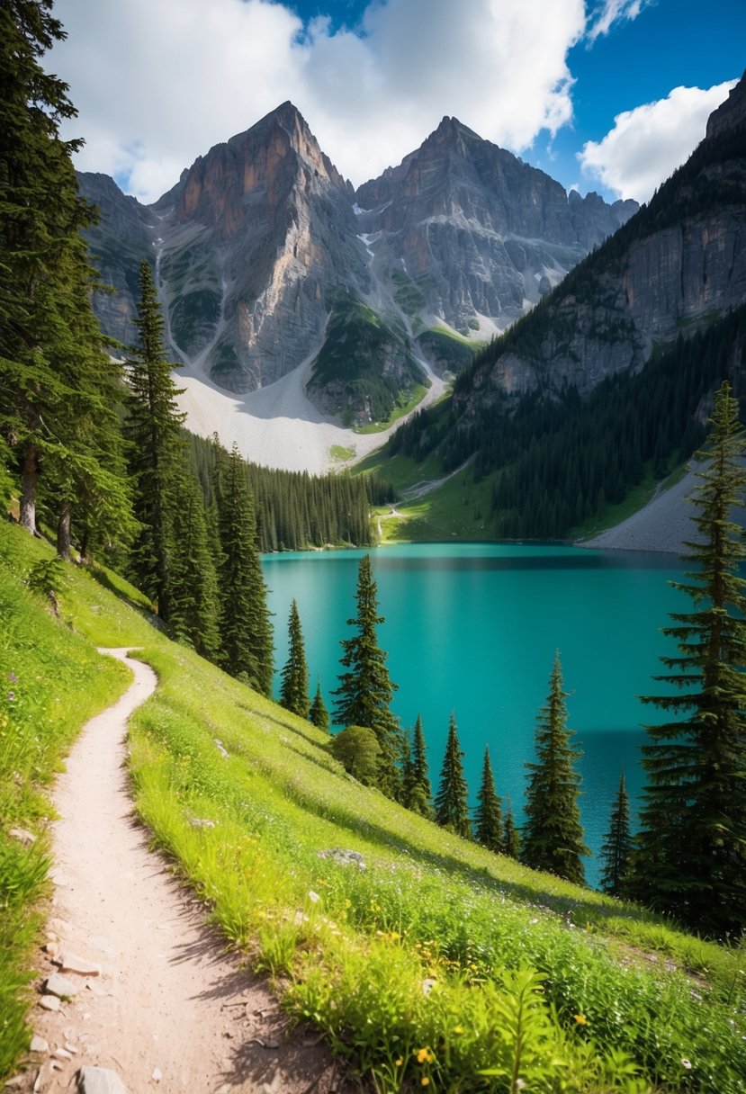 A winding trail through lush forest, opening to a serene alpine lake surrounded by towering peaks