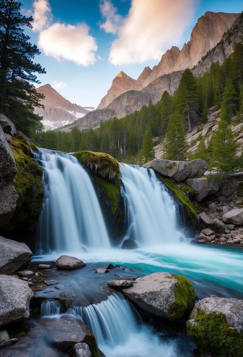 A rushing waterfall cascades over moss-covered rocks in a lush forest setting, surrounded by towering peaks in Rocky Mountain National Park