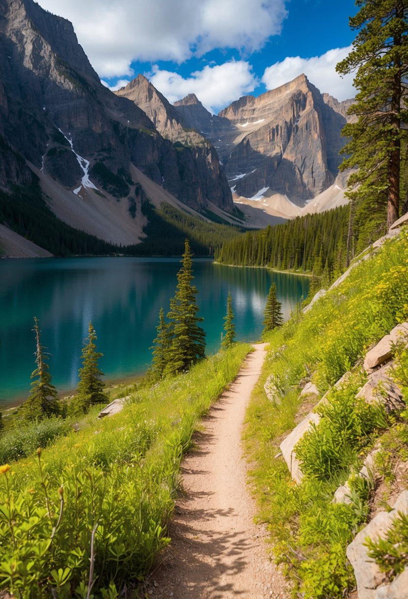 A narrow trail winds through lush forest, leading to a serene lake surrounded by towering mountains in Rocky Mountain National Park