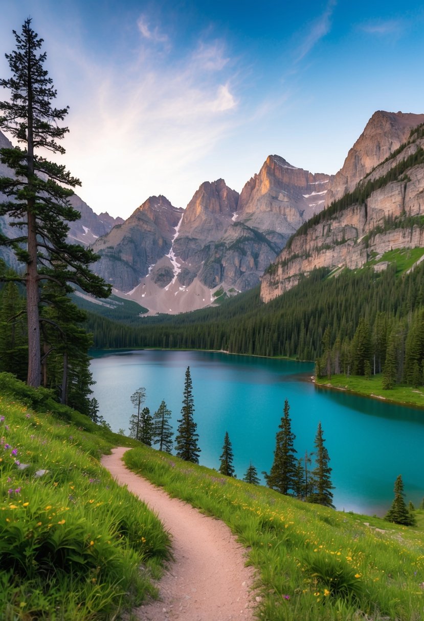 A winding trail through lush forest leads to a serene lake surrounded by towering peaks in Rocky Mountain National Park