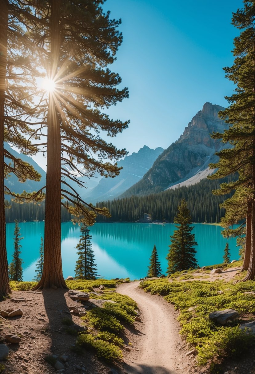 Sunlight filters through pine trees onto a winding trail around a pristine alpine lake, with rugged peaks in the distance