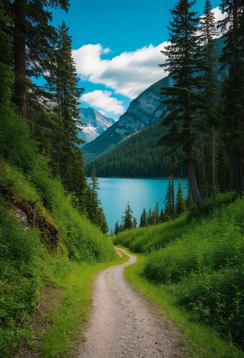 A winding trail through lush forest with glimpses of a glistening lake and towering mountains in the distance