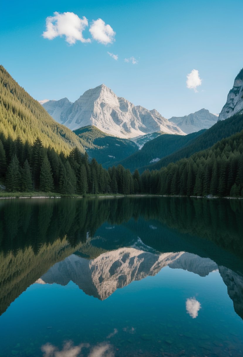 A serene alpine lake surrounded by lush greenery and towering mountains, reflecting the clear blue sky
