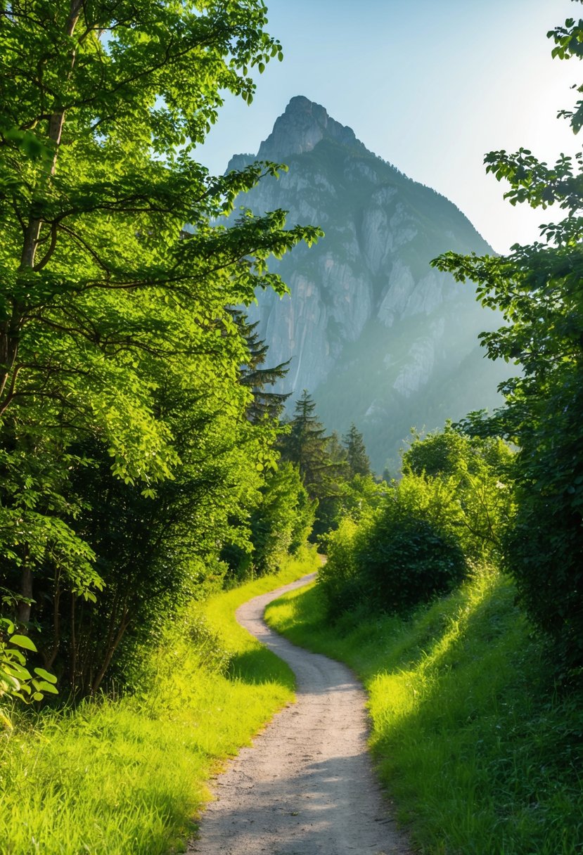 A winding trail through lush greenery, with towering rocky peaks in the distance. Sunlight filters through the trees, casting dappled shadows on the path