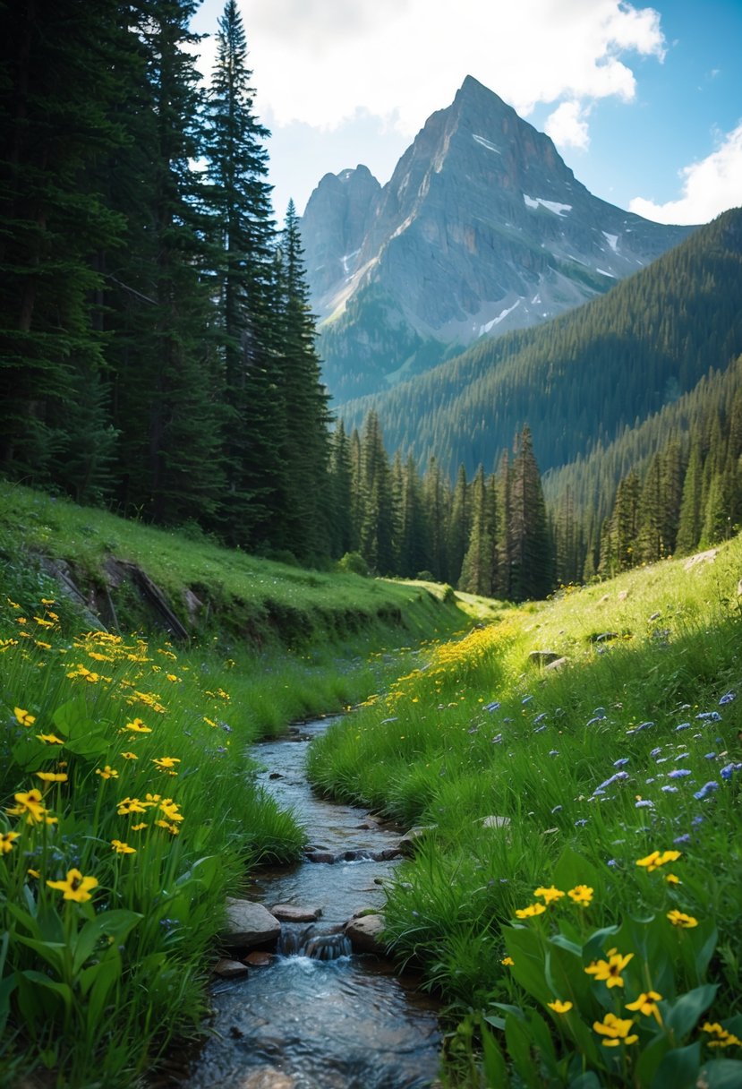 A winding trail leads through lush forest, with towering peaks in the distance. Wildflowers line the path, and a clear stream glistens in the sunlight