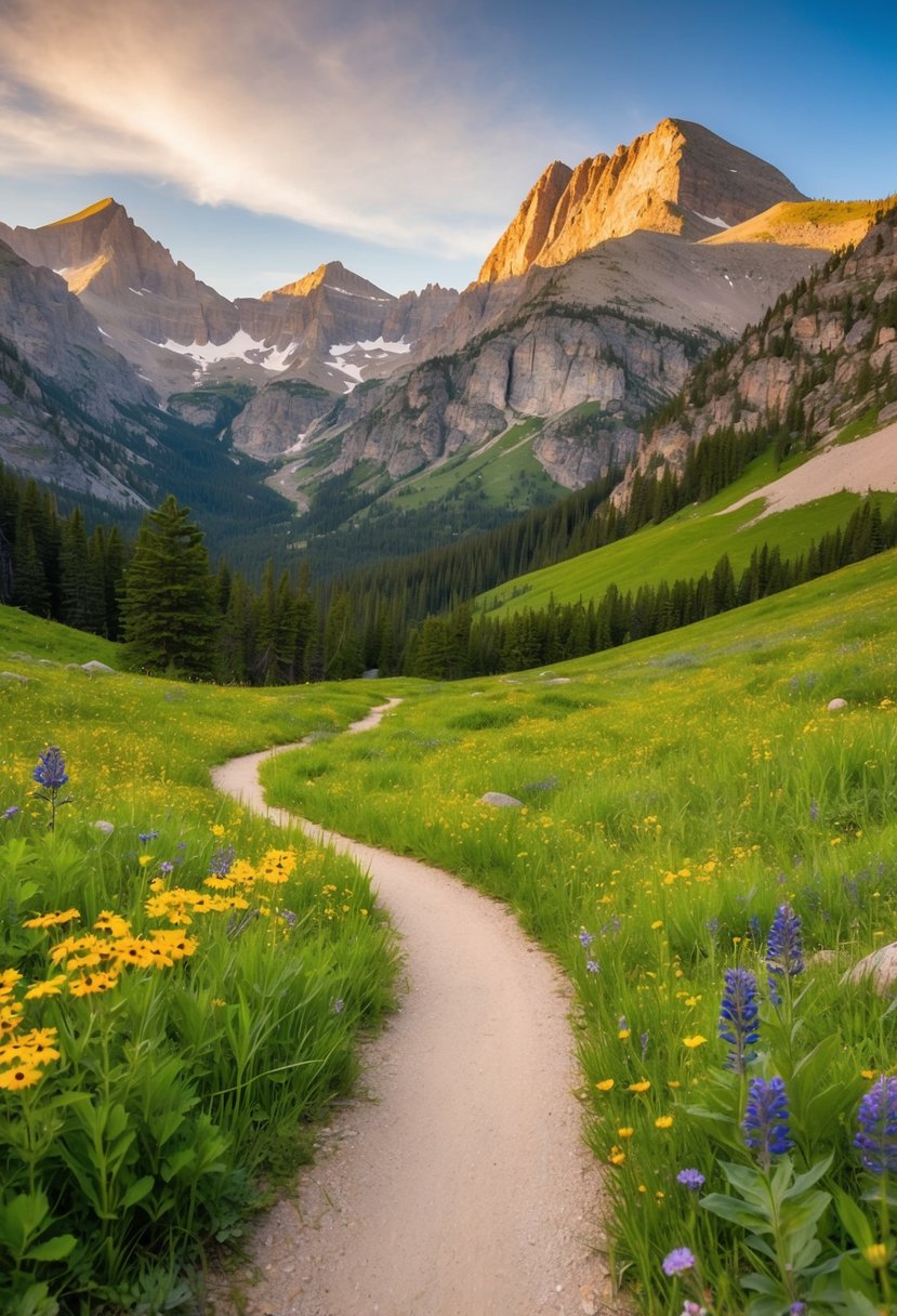 Lush meadows and towering mountains surround a winding trail, with colorful wildflowers and diverse wildlife in Rocky Mountain National Park