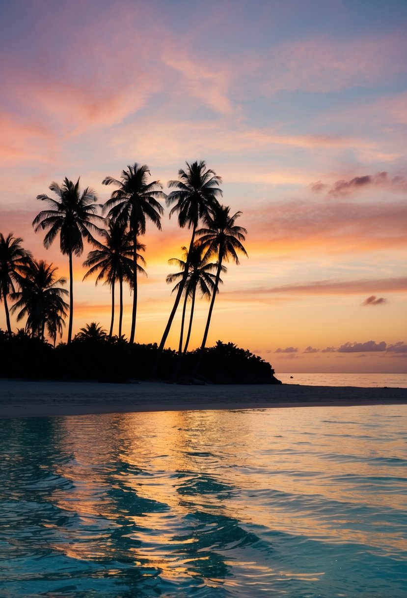 A serene beach at sunset, with palm trees silhouetted against the colorful sky, and crystal-clear water reflecting the fading light