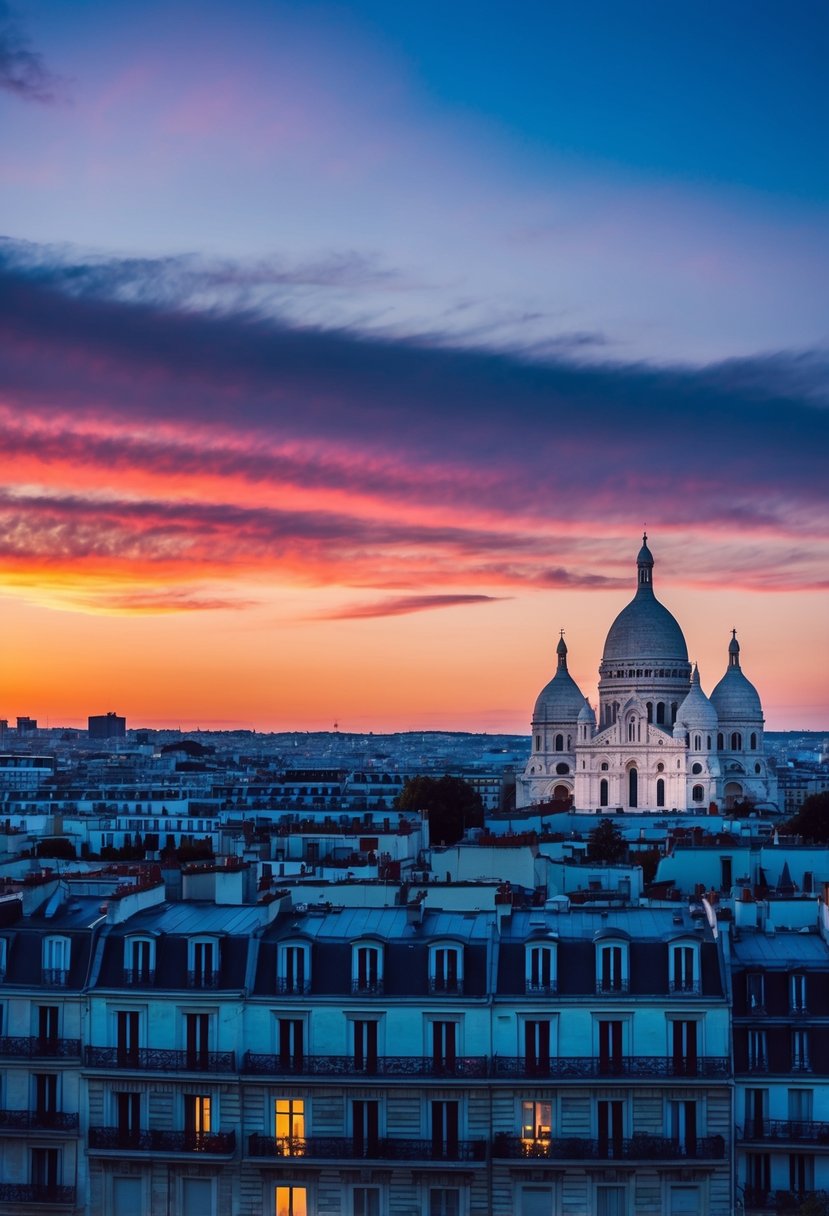 A vibrant sunset over the iconic Montmartre district, with the silhouette of the Sacré-Cœur Basilica against the colorful sky