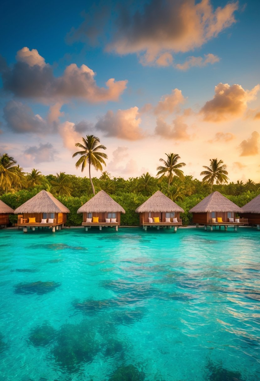A cluster of overwater bungalows nestled above crystal-clear turquoise waters, surrounded by lush greenery and towering palm trees against a backdrop of a vibrant sunset
