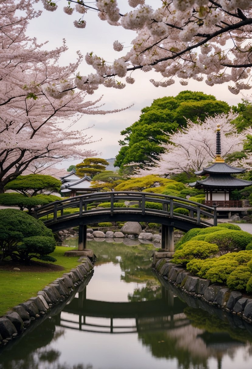 A serene Kyoto garden with blooming cherry trees, a traditional wooden bridge, and a pagoda in the background