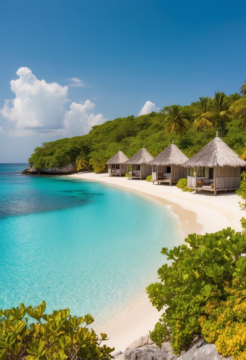 A serene beach with rustic wooden cabanas nestled among lush greenery and crystal-clear turquoise waters