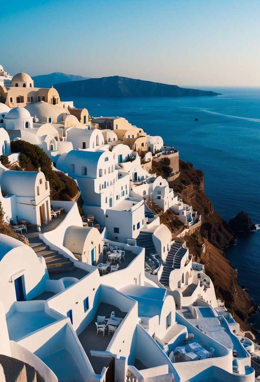 A cluster of whitewashed buildings cascading down the cliffs of Santorini, overlooking the deep blue Aegean Sea