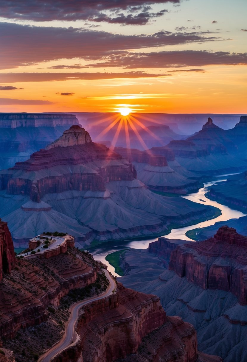The sun sets over the vast Grand Canyon, casting a warm glow on the rugged cliffs and winding river below