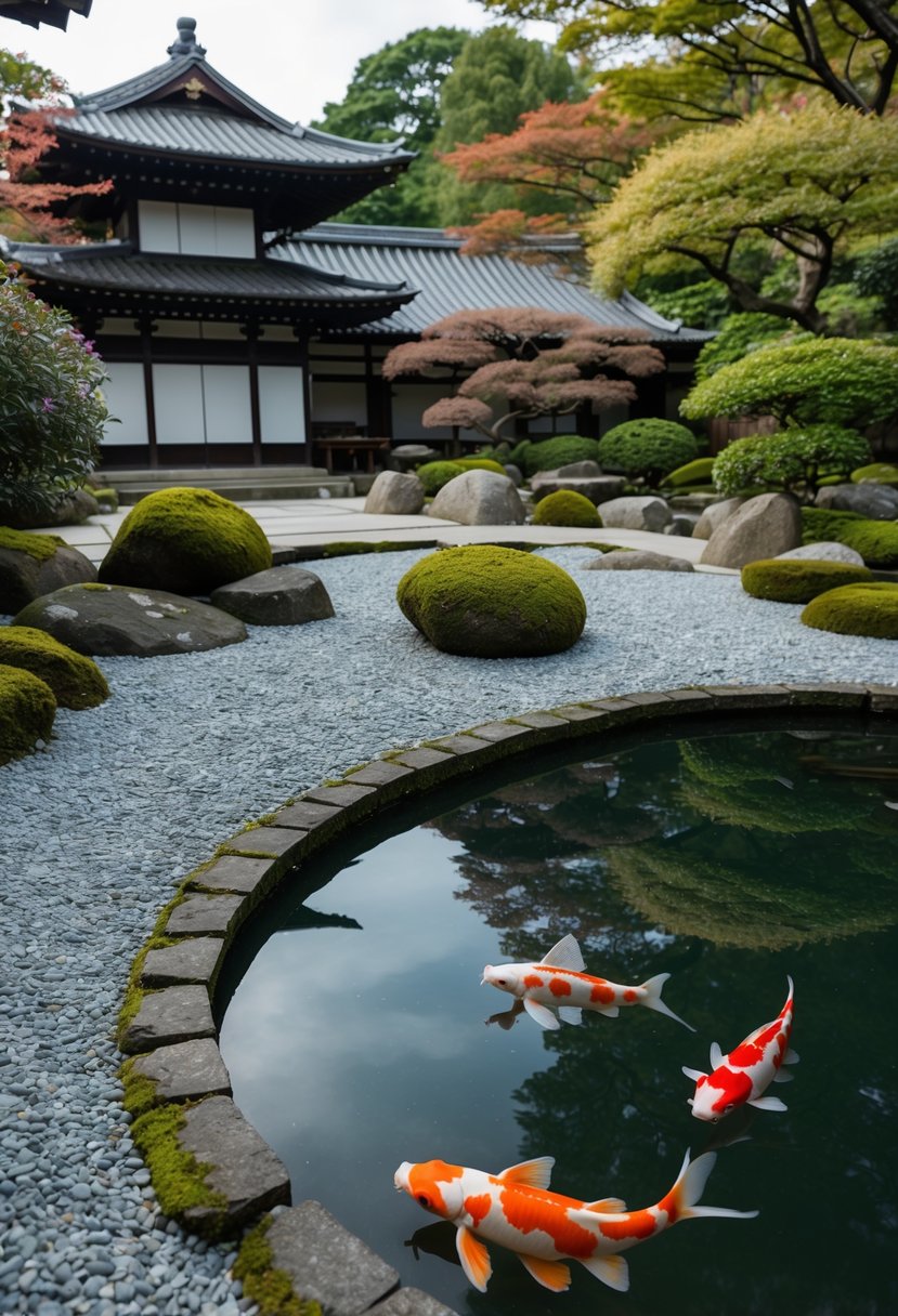 A serene Zen garden in Kyoto, Japan, with carefully raked gravel, moss-covered stones, and a peaceful koi pond