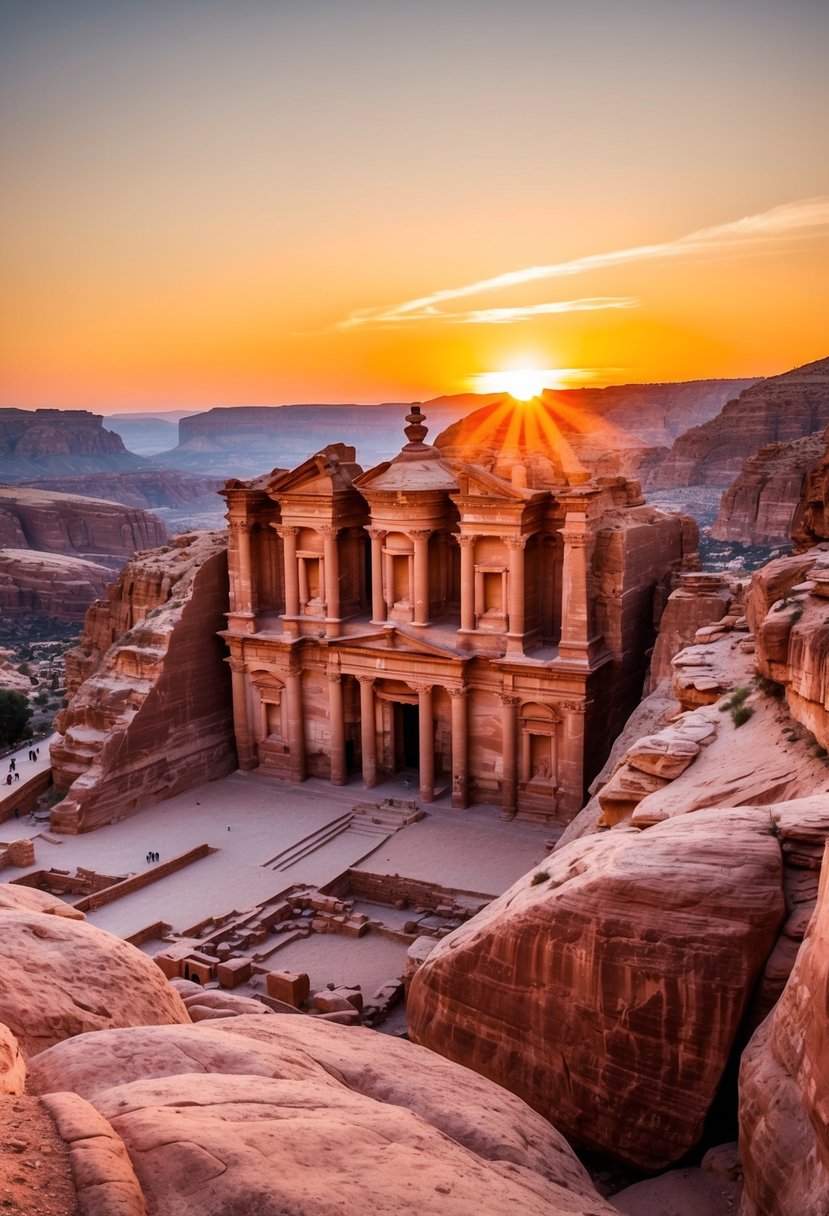 The sun sets behind the iconic rose-colored rock-cut architecture of Petra, Jordan, casting a warm glow over the ancient city