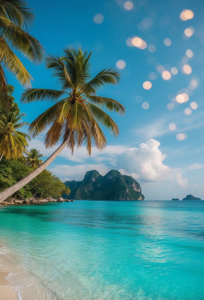 A tranquil, crystal-clear beach in Phuket, Thailand, with palm trees and turquoise waters