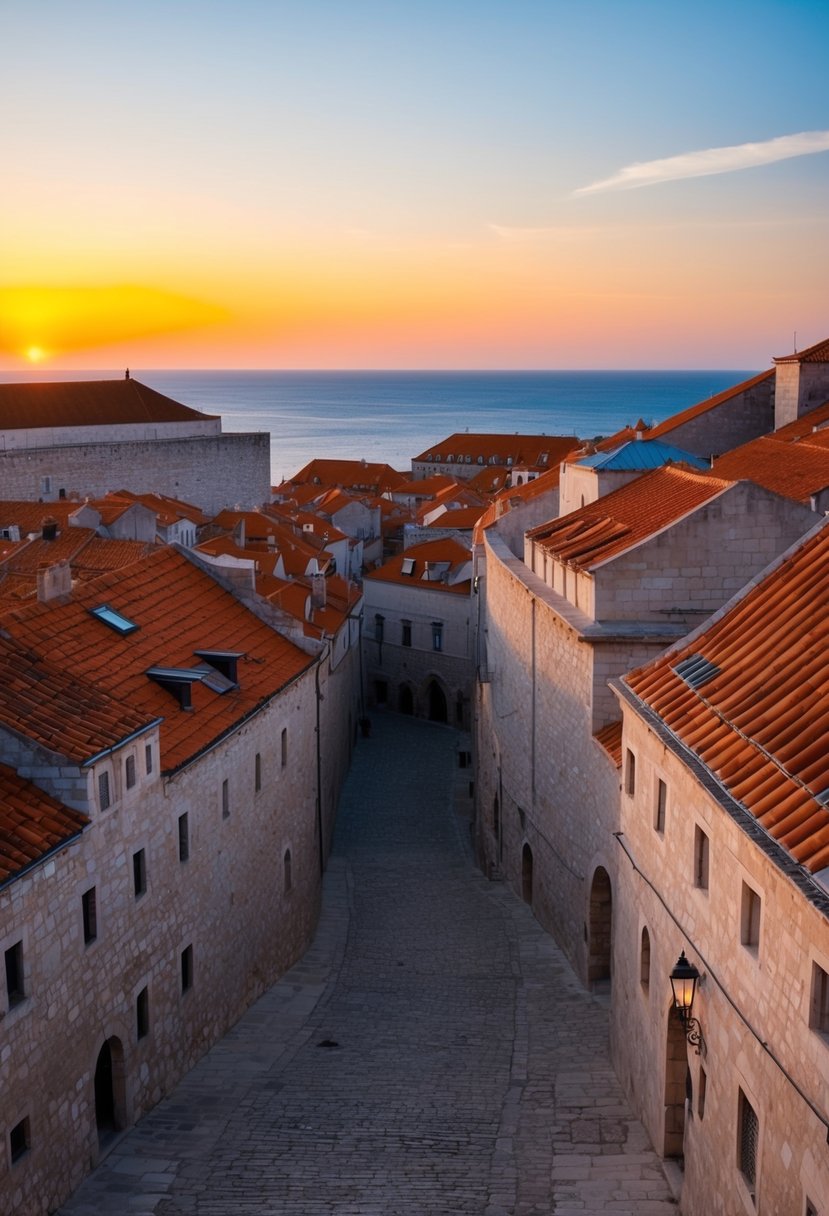 The sun sets over the ancient stone walls of Dubrovnik, casting a warm glow on the terracotta rooftops and narrow cobblestone streets
