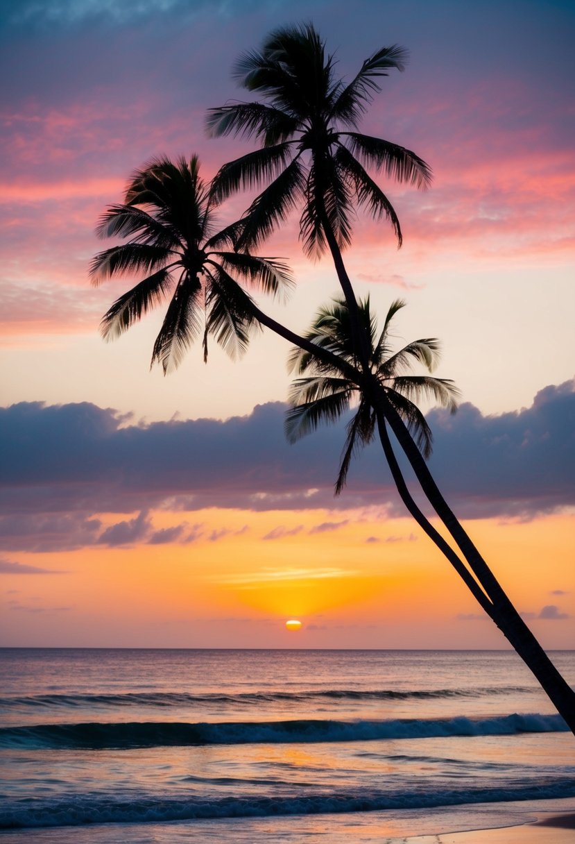 A serene beach at sunset, with palm trees silhouetted against the colorful sky, and gentle waves lapping at the shore