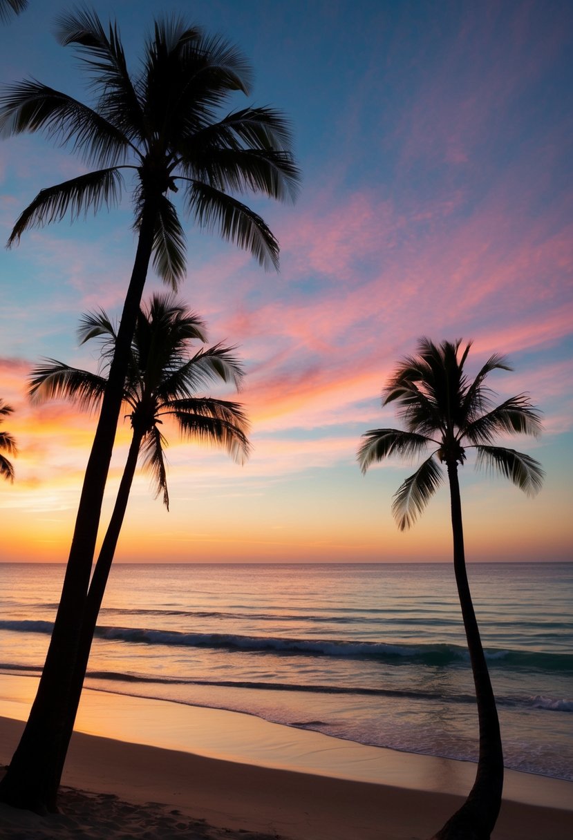 A serene beach at sunset, with palm trees silhouetted against the colorful sky and gentle waves lapping at the shore