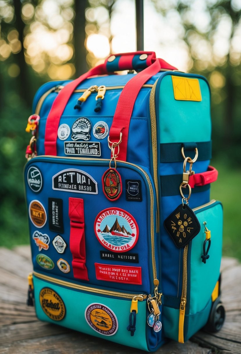 A colorful traveling bag adorned with stickers, patches, and keychains