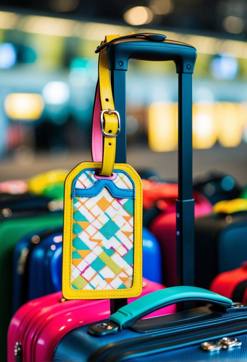 A vibrant luggage tag dangles from a handle, adorned with bright colors and patterns, making it easy to spot in a sea of bags